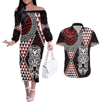 Red Aotearoa Niho Taniwha Couples Matching Off The Shoulder Long Sleeve Dress and Hawaiian Shirt Maori Mythology Tooth - Taniko Motifs LT14 Red - Polynesian Pride