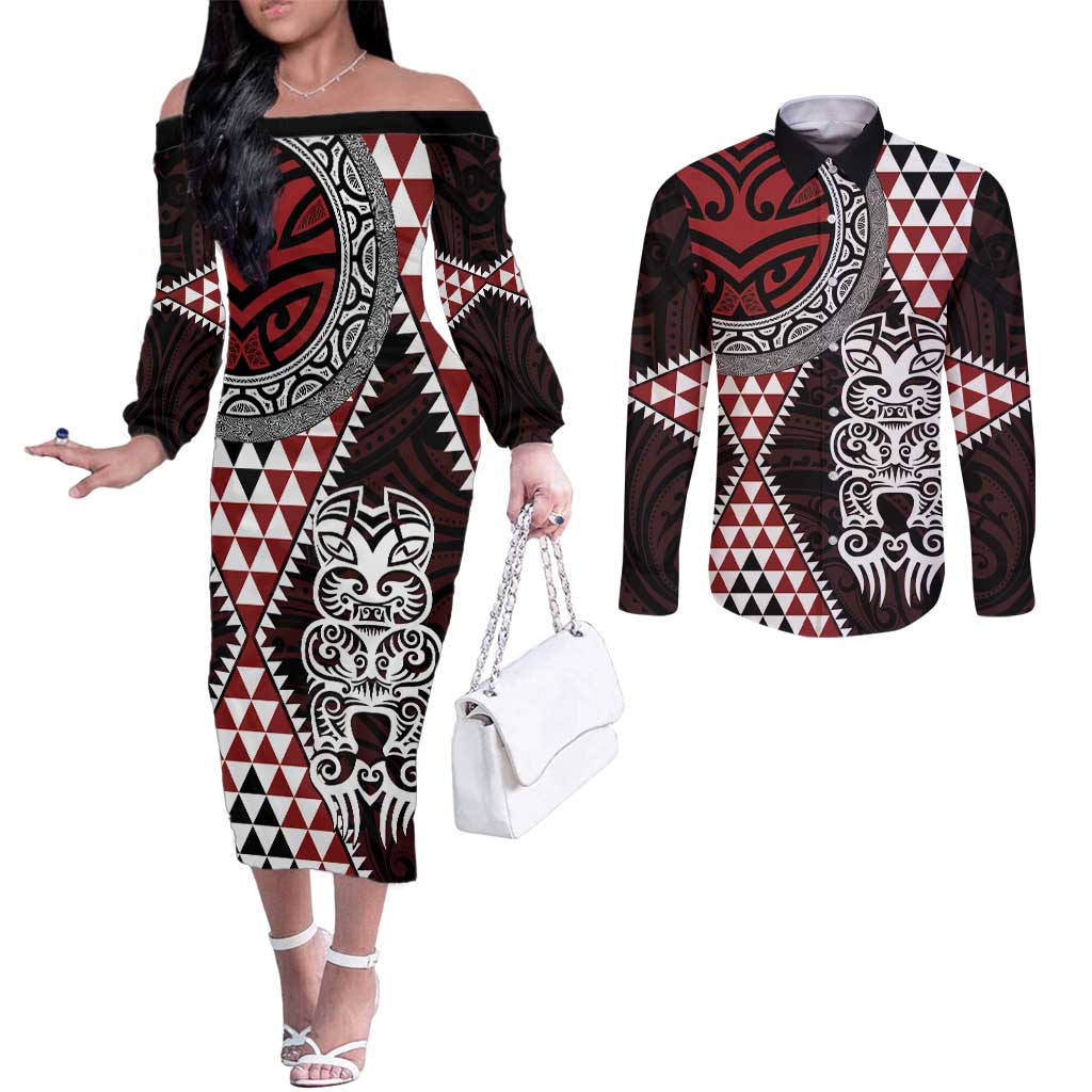 Red Aotearoa Niho Taniwha Couples Matching Off The Shoulder Long Sleeve Dress and Long Sleeve Button Shirt Maori Mythology Tooth - Taniko Motifs LT14 Red - Polynesian Pride