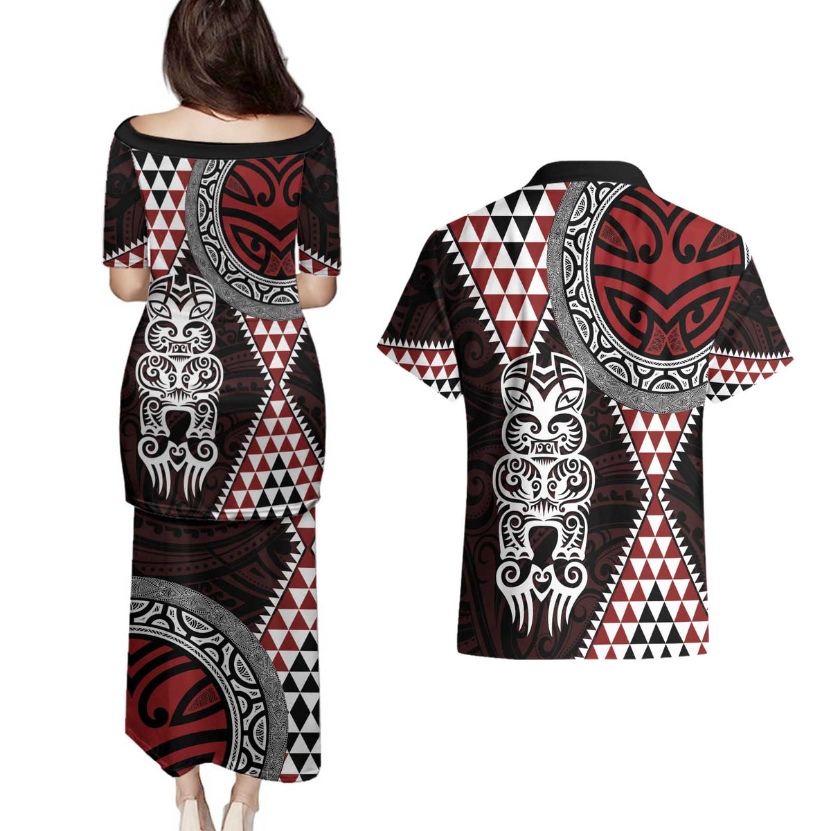 Red Aotearoa Niho Taniwha Couples Matching Puletasi and Hawaiian Shirt Maori Mythology Tooth - Taniko Motifs LT14 - Polynesian Pride