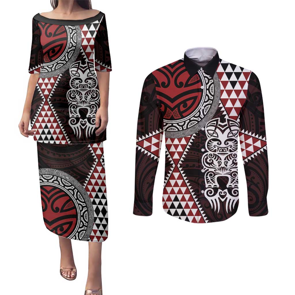 Red Aotearoa Niho Taniwha Couples Matching Puletasi and Long Sleeve Button Shirt Maori Mythology Tooth - Taniko Motifs LT14 Red - Polynesian Pride