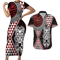Red Aotearoa Niho Taniwha Couples Matching Short Sleeve Bodycon Dress and Hawaiian Shirt Maori Mythology Tooth - Taniko Motifs LT14 Red - Polynesian Pride