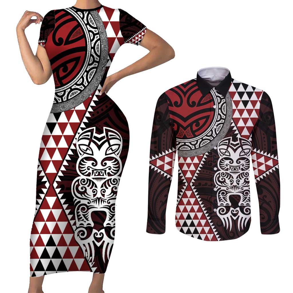 Red Aotearoa Niho Taniwha Couples Matching Short Sleeve Bodycon Dress and Long Sleeve Button Shirt Maori Mythology Tooth - Taniko Motifs LT14 Red - Polynesian Pride