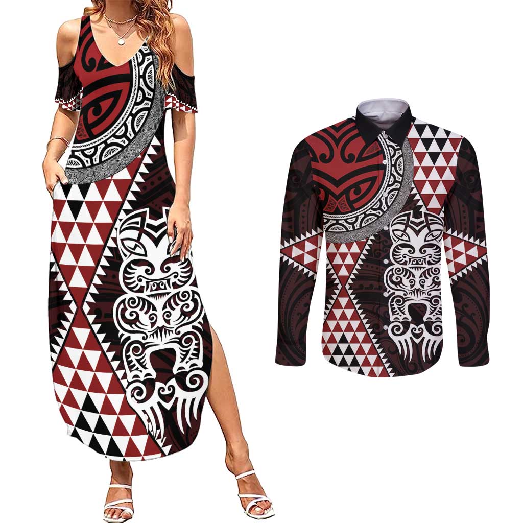 Red Aotearoa Niho Taniwha Couples Matching Summer Maxi Dress and Long Sleeve Button Shirt Maori Mythology Tooth - Taniko Motifs LT14 Red - Polynesian Pride