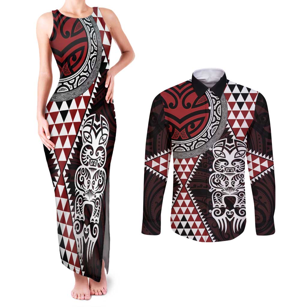 Red Aotearoa Niho Taniwha Couples Matching Tank Maxi Dress and Long Sleeve Button Shirt Maori Mythology Tooth - Taniko Motifs LT14 Red - Polynesian Pride