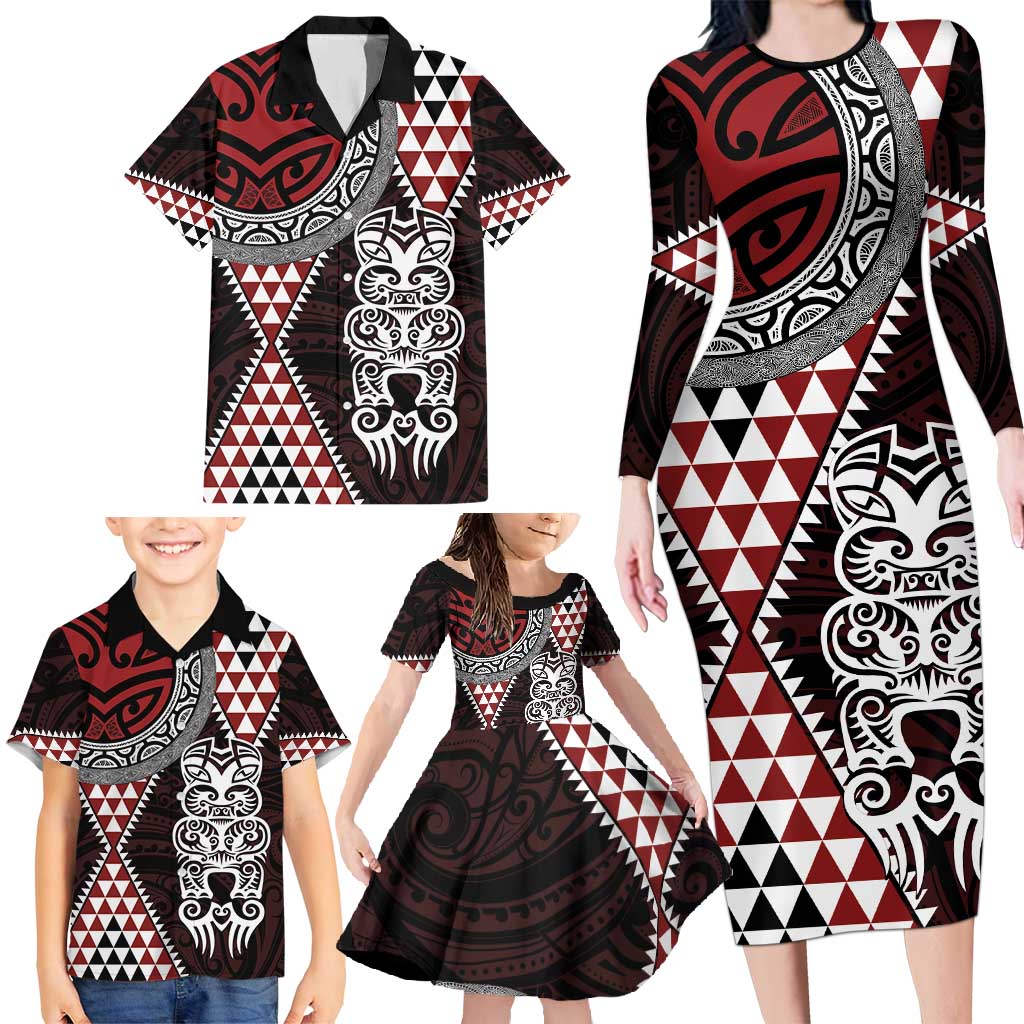 Red Aotearoa Niho Taniwha Family Matching Long Sleeve Bodycon Dress and Hawaiian Shirt Maori Mythology Tooth - Taniko Motifs LT14 - Polynesian Pride