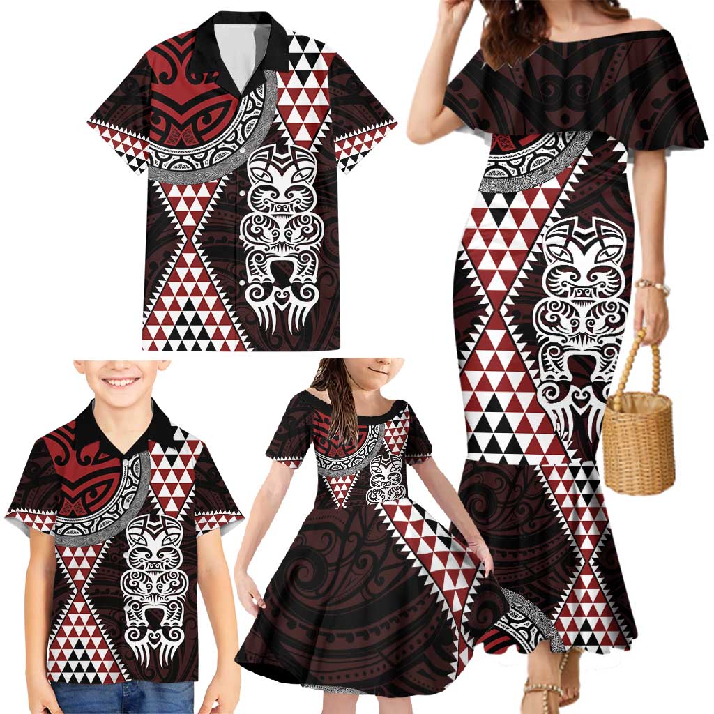 Red Aotearoa Niho Taniwha Family Matching Mermaid Dress and Hawaiian Shirt Maori Mythology Tooth - Taniko Motifs LT14 - Polynesian Pride