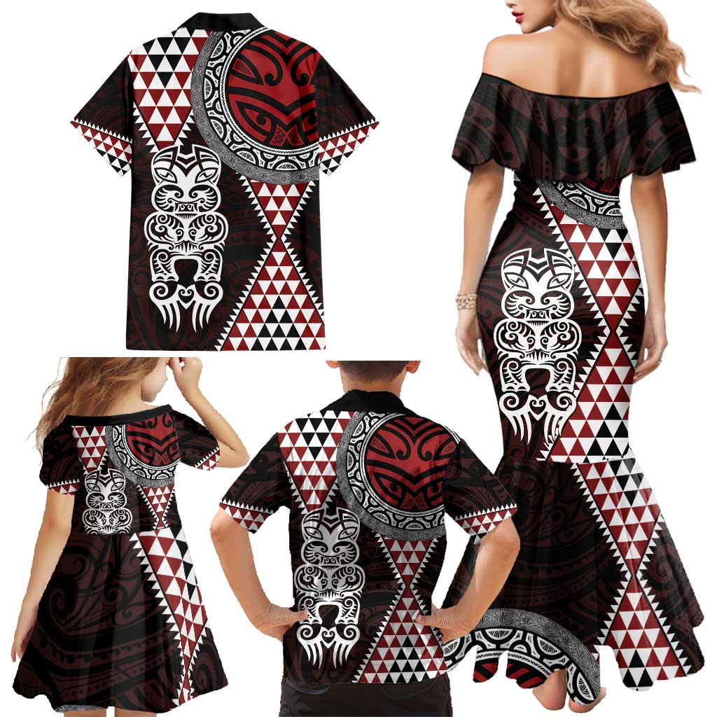 Red Aotearoa Niho Taniwha Family Matching Mermaid Dress and Hawaiian Shirt Maori Mythology Tooth - Taniko Motifs LT14 - Polynesian Pride