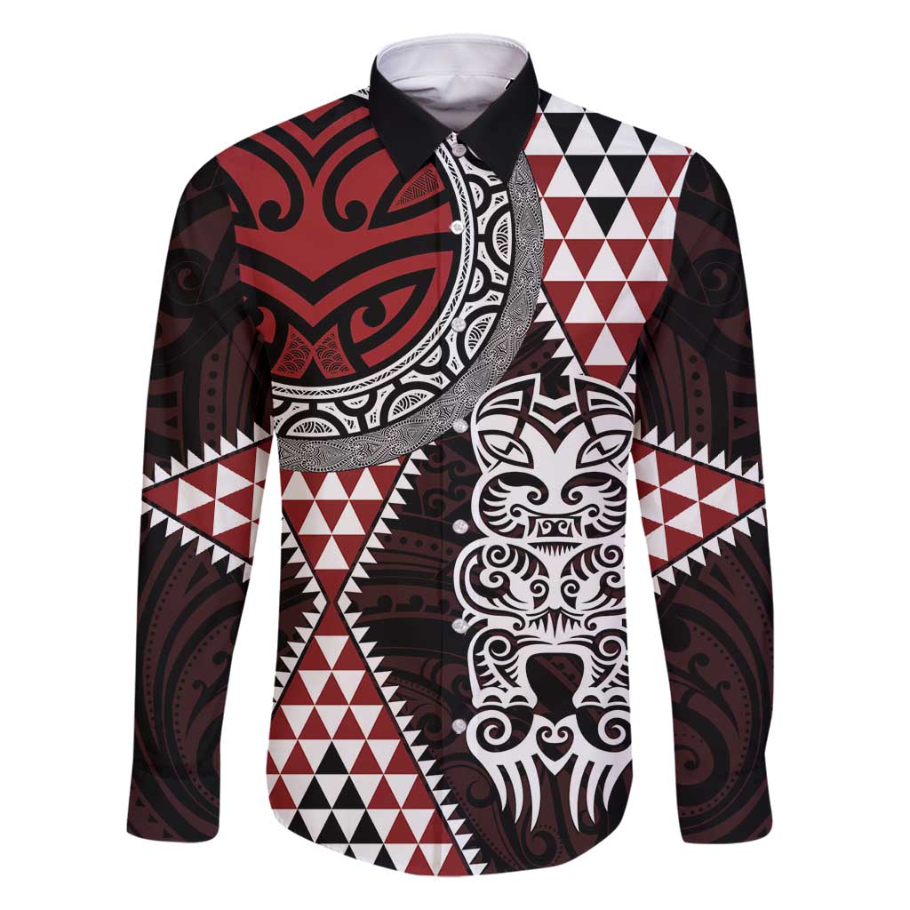 Red Aotearoa Niho Taniwha Family Matching Mermaid Dress and Hawaiian Shirt Maori Mythology Tooth - Taniko Motifs LT14 Dad's Shirt - Long Sleeve Red - Polynesian Pride