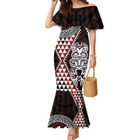 Red Aotearoa Niho Taniwha Family Matching Mermaid Dress and Hawaiian Shirt Maori Mythology Tooth - Taniko Motifs LT14 Mom's Dress Red - Polynesian Pride
