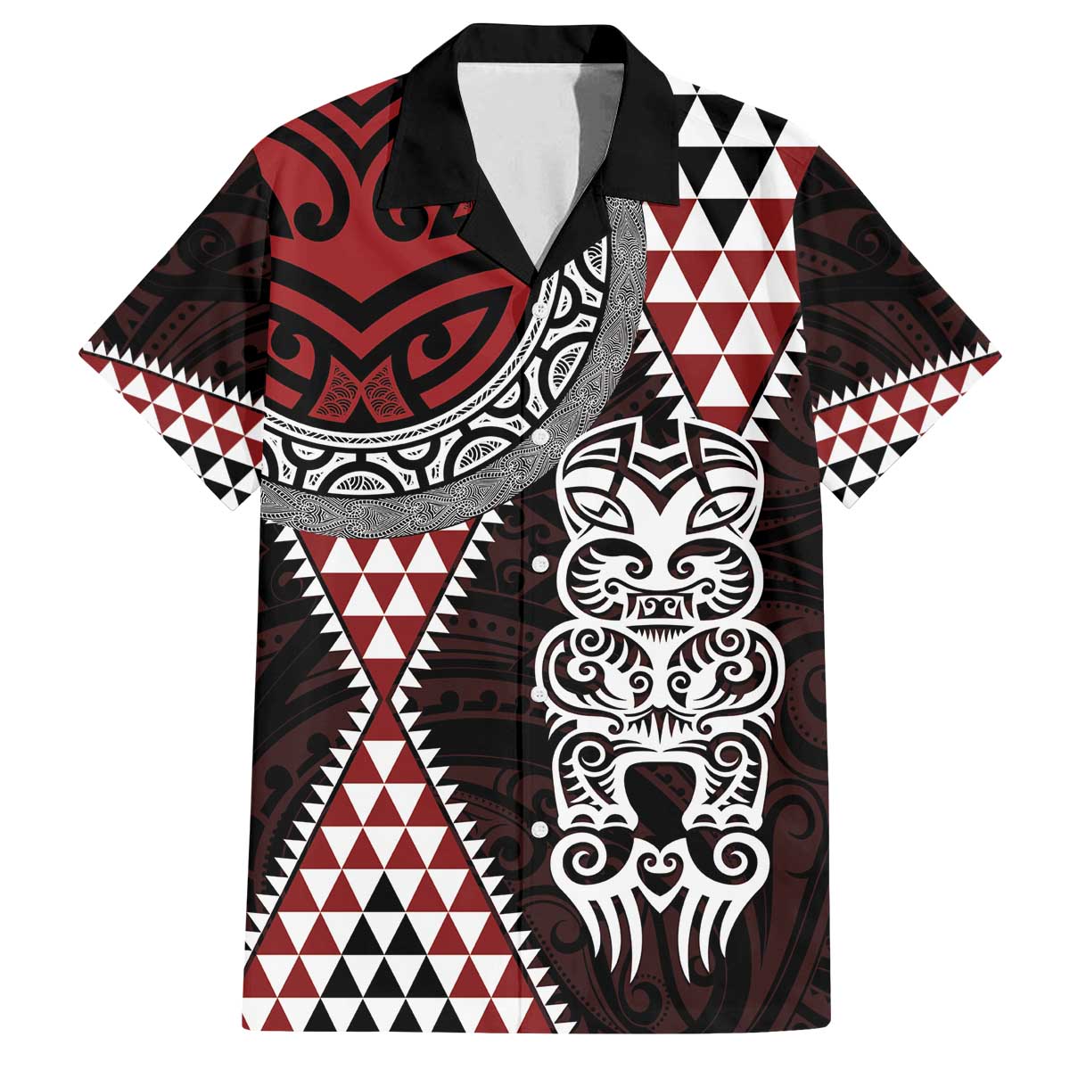 Red Aotearoa Niho Taniwha Family Matching Off The Shoulder Long Sleeve Dress and Hawaiian Shirt Maori Mythology Tooth - Taniko Motifs LT14 Dad's Shirt - Short Sleeve Red - Polynesian Pride