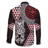 Red Aotearoa Niho Taniwha Family Matching Off The Shoulder Long Sleeve Dress and Hawaiian Shirt Maori Mythology Tooth - Taniko Motifs LT14 - Polynesian Pride