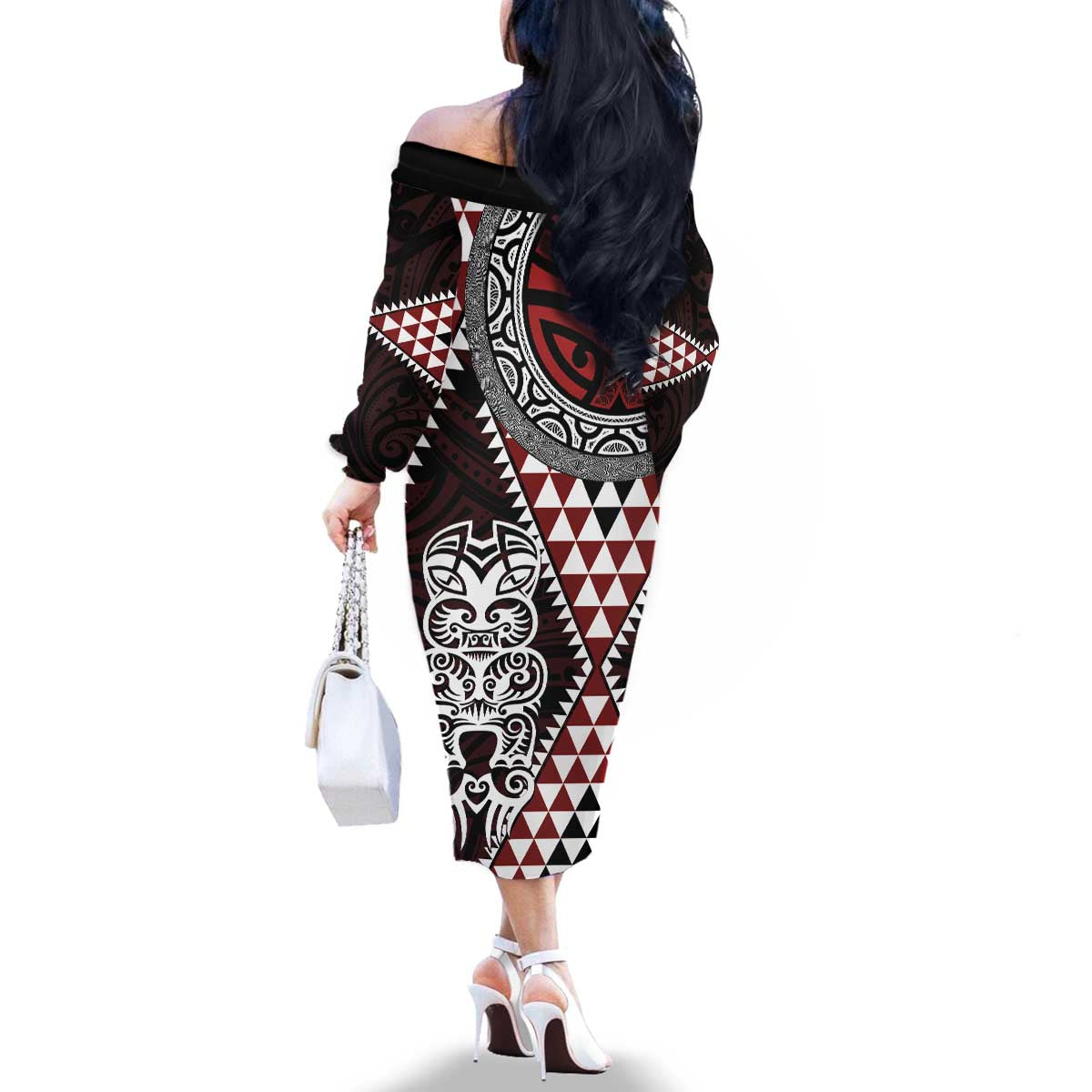 Red Aotearoa Niho Taniwha Family Matching Off The Shoulder Long Sleeve Dress and Hawaiian Shirt Maori Mythology Tooth - Taniko Motifs LT14 - Polynesian Pride