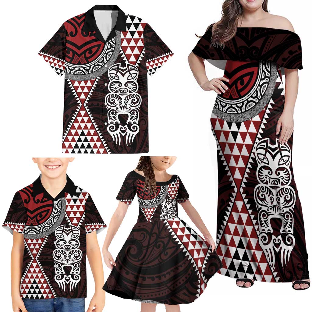 Red Aotearoa Niho Taniwha Family Matching Off Shoulder Maxi Dress and Hawaiian Shirt Maori Mythology Tooth - Taniko Motifs LT14 - Polynesian Pride