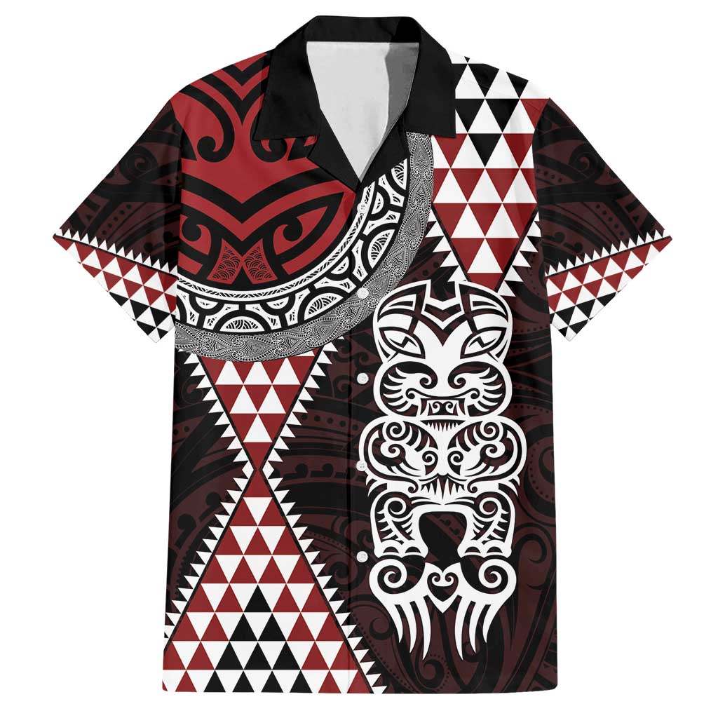 Red Aotearoa Niho Taniwha Family Matching Off Shoulder Maxi Dress and Hawaiian Shirt Maori Mythology Tooth - Taniko Motifs LT14 Dad's Shirt - Short Sleeve Red - Polynesian Pride