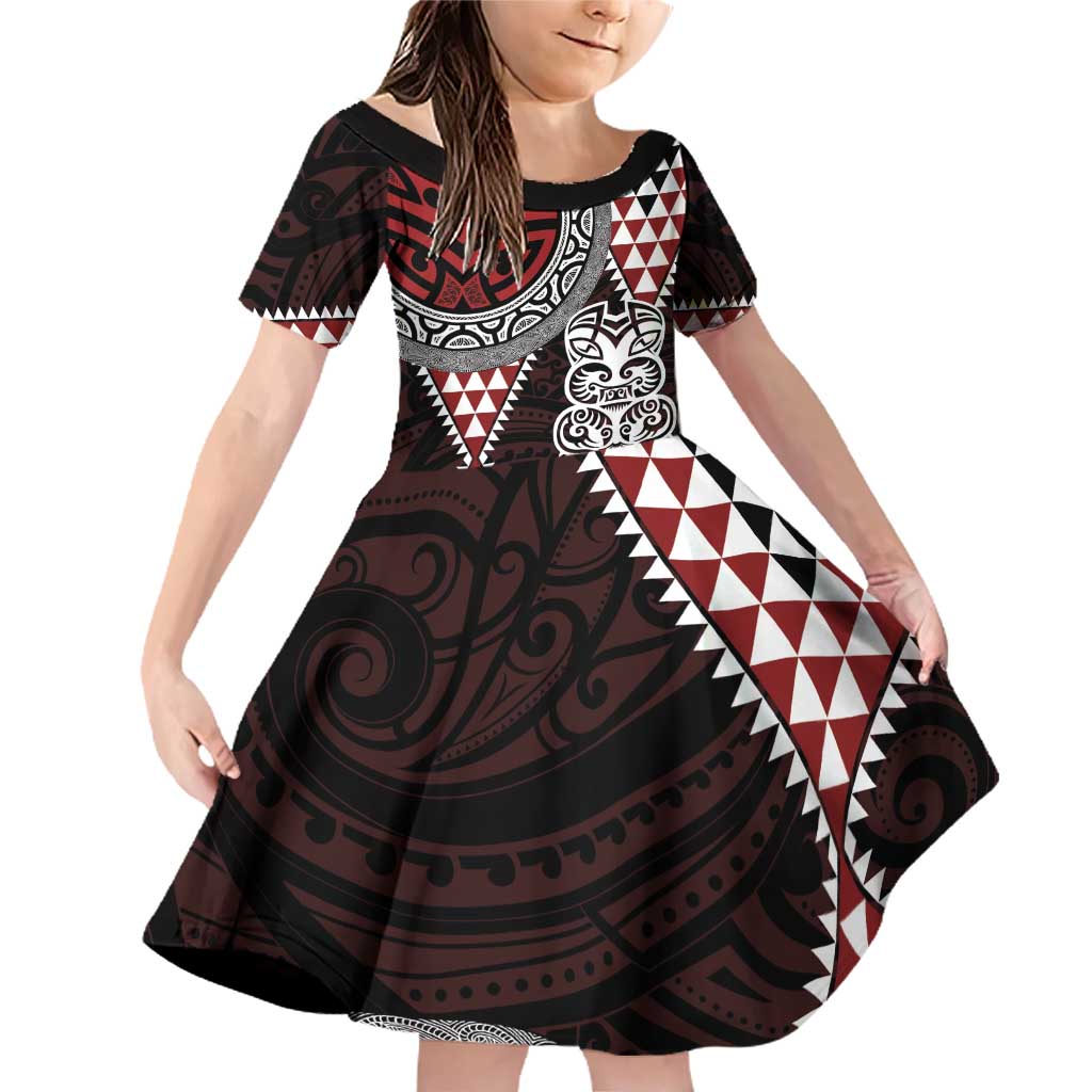 Red Aotearoa Niho Taniwha Family Matching Off Shoulder Short Dress and Hawaiian Shirt Maori Mythology Tooth - Taniko Motifs LT14 Daughter's Dress Red - Polynesian Pride
