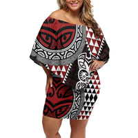 Red Aotearoa Niho Taniwha Family Matching Off Shoulder Short Dress and Hawaiian Shirt Maori Mythology Tooth - Taniko Motifs LT14 Mom's Dress Red - Polynesian Pride