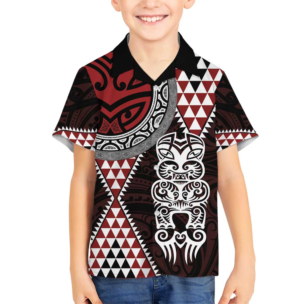 Red Aotearoa Niho Taniwha Family Matching Off Shoulder Short Dress and Hawaiian Shirt Maori Mythology Tooth - Taniko Motifs LT14 Son's Shirt Red - Polynesian Pride