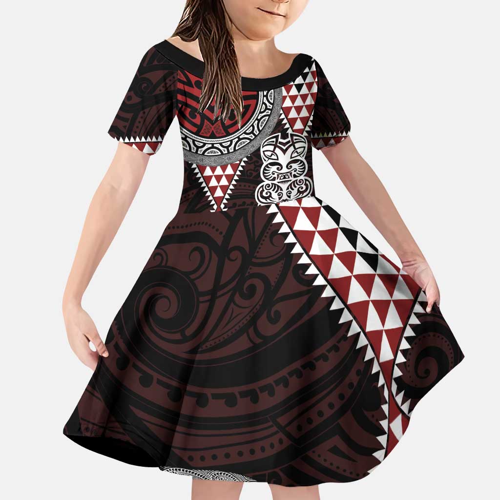 Red Aotearoa Niho Taniwha Family Matching Puletasi and Hawaiian Shirt Maori Mythology Tooth - Taniko Motifs LT14 Daughter's Dress Red - Polynesian Pride