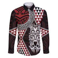 Red Aotearoa Niho Taniwha Family Matching Puletasi and Hawaiian Shirt Maori Mythology Tooth - Taniko Motifs LT14 Dad's Shirt - Long Sleeve Red - Polynesian Pride