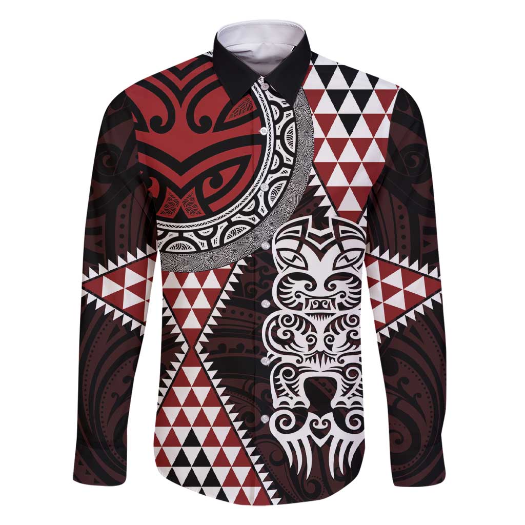 Red Aotearoa Niho Taniwha Family Matching Short Sleeve Bodycon Dress and Hawaiian Shirt Maori Mythology Tooth - Taniko Motifs LT14 Dad's Shirt - Long Sleeve Red - Polynesian Pride