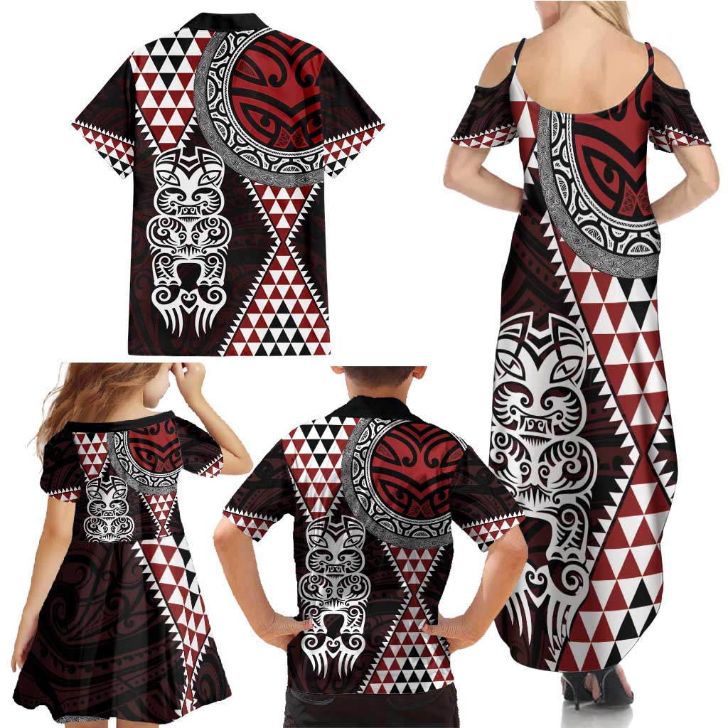 Red Aotearoa Niho Taniwha Family Matching Summer Maxi Dress and Hawaiian Shirt Maori Mythology Tooth - Taniko Motifs LT14 - Polynesian Pride