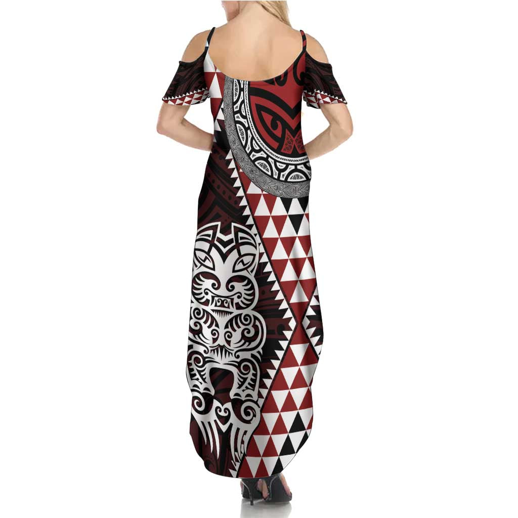 Red Aotearoa Niho Taniwha Family Matching Summer Maxi Dress and Hawaiian Shirt Maori Mythology Tooth - Taniko Motifs LT14 - Polynesian Pride