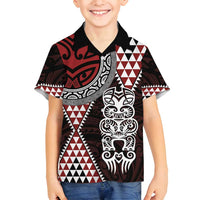 Red Aotearoa Niho Taniwha Family Matching Summer Maxi Dress and Hawaiian Shirt Maori Mythology Tooth - Taniko Motifs LT14 Son's Shirt Red - Polynesian Pride