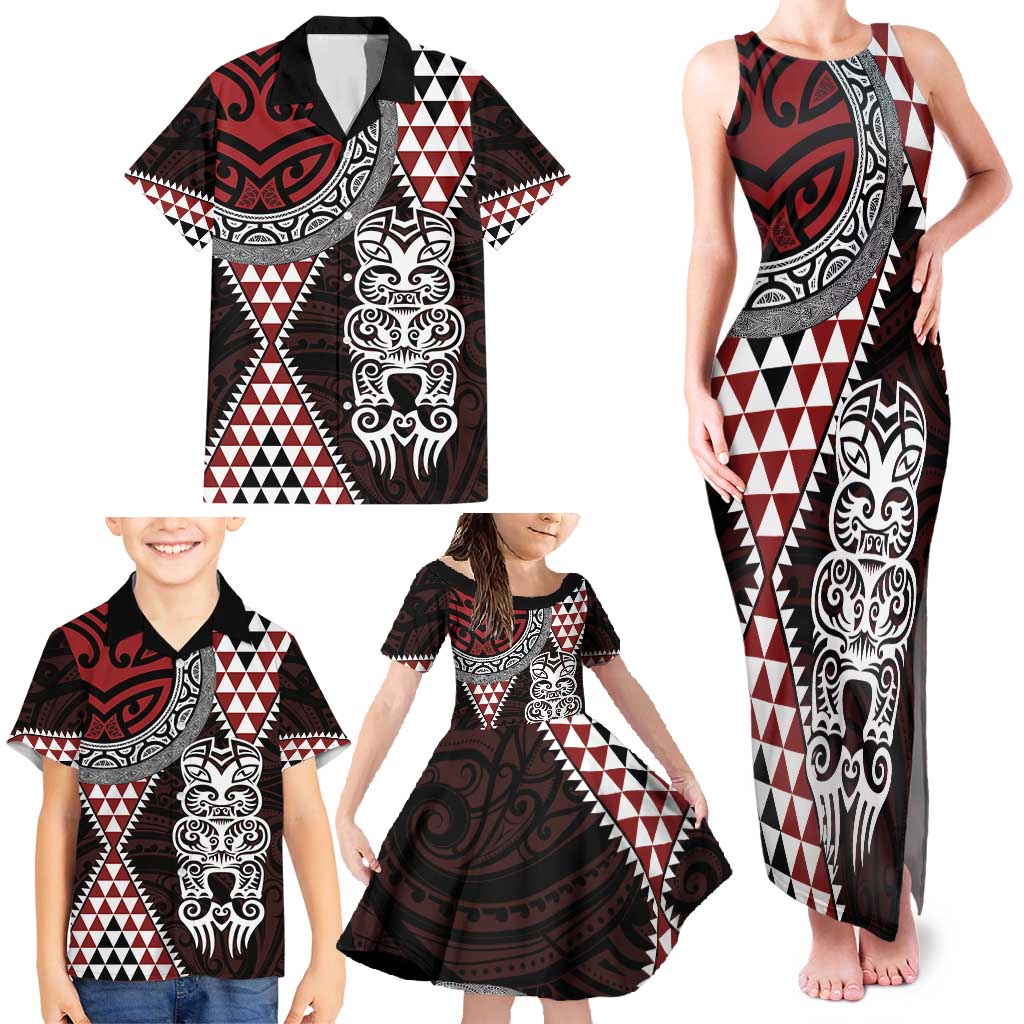 Red Aotearoa Niho Taniwha Family Matching Tank Maxi Dress and Hawaiian Shirt Maori Mythology Tooth - Taniko Motifs LT14 - Polynesian Pride
