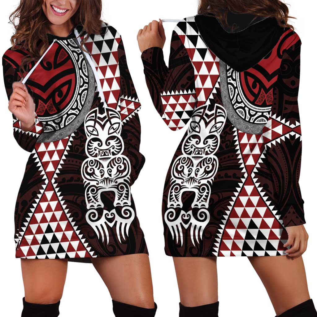 Red Aotearoa Niho Taniwha Hoodie Dress Maori Mythology Tooth - Taniko Motifs LT14 - Polynesian Pride