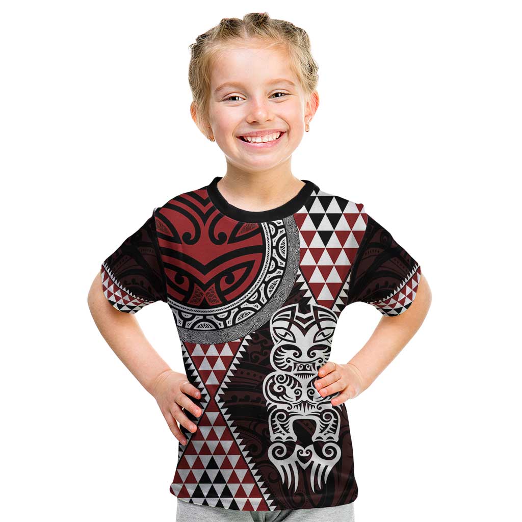 Red Aotearoa Niho Taniwha Kid T Shirt Maori Mythology Tooth - Taniko Motifs LT14 Red - Polynesian Pride