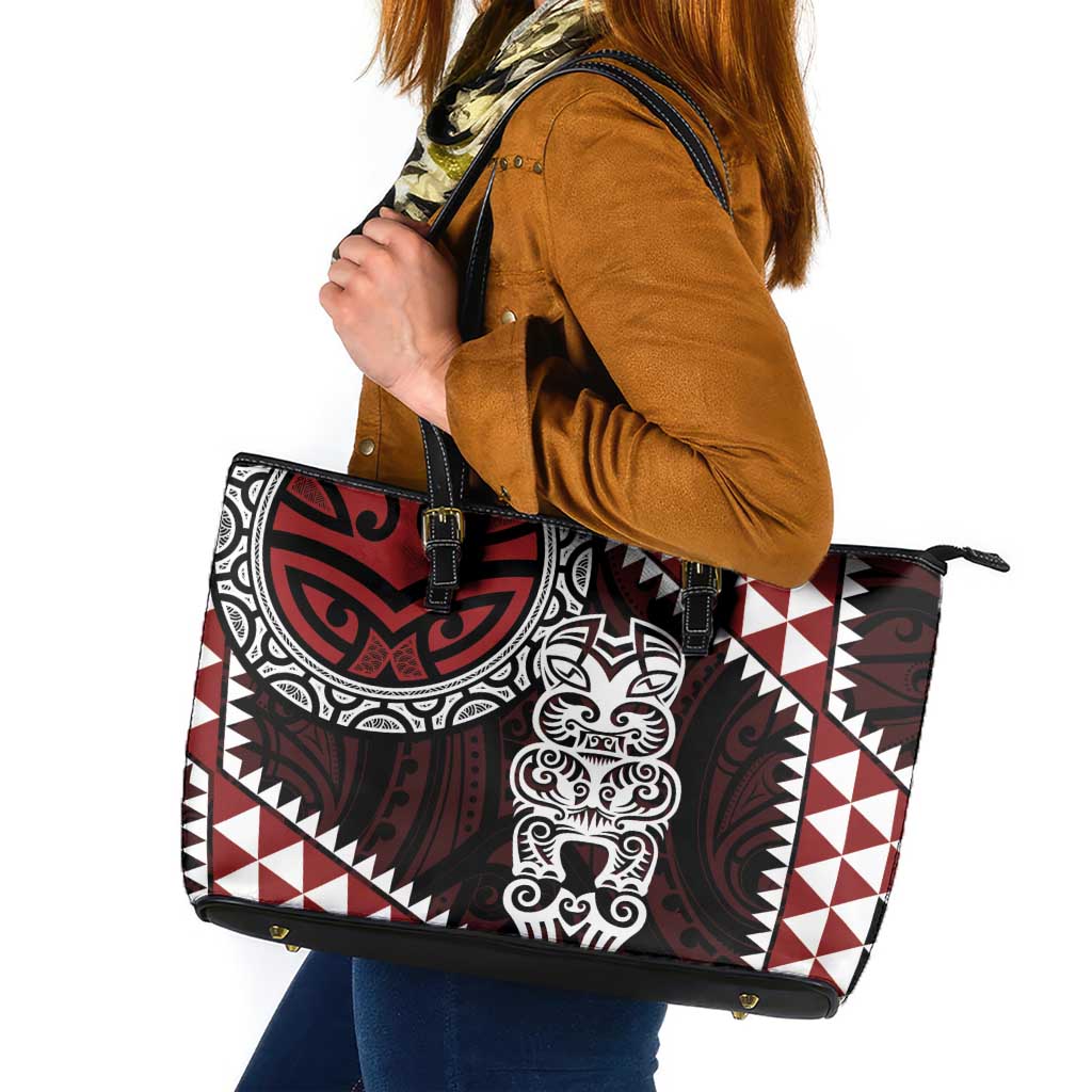 Red Aotearoa Niho Taniwha Leather Tote Bag Maori Mythology Tooth - Taniko Motifs LT14 Red - Polynesian Pride