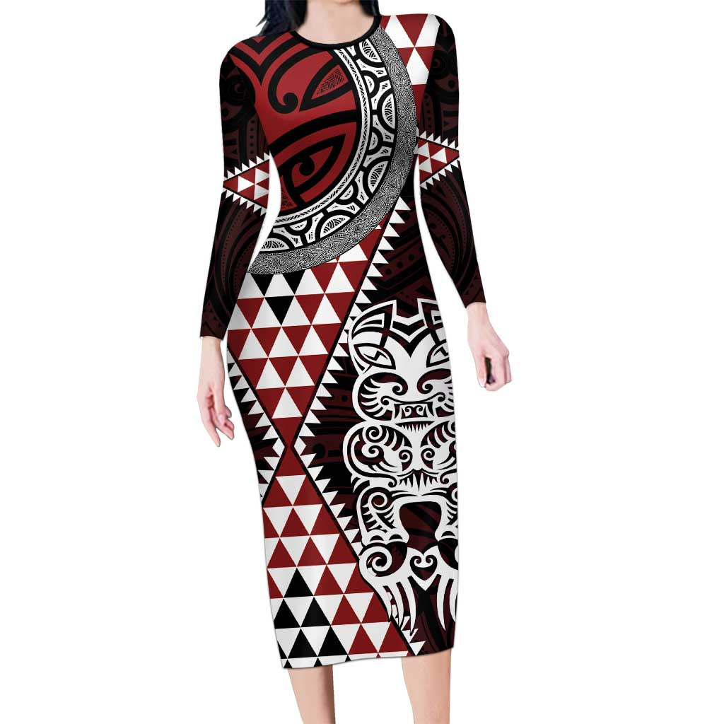 Red Aotearoa Niho Taniwha Long Sleeve Bodycon Dress Maori Mythology Tooth - Taniko Motifs LT14 Long Dress Red - Polynesian Pride