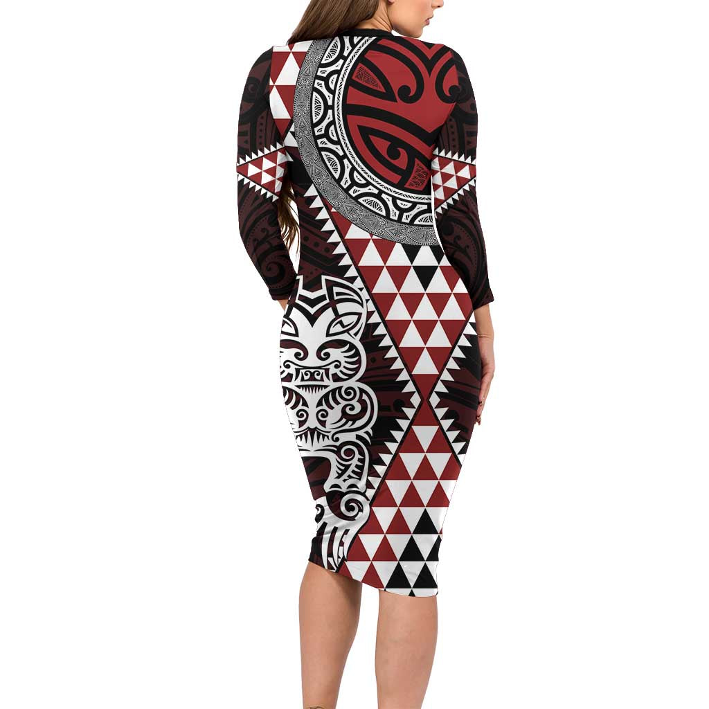 Red Aotearoa Niho Taniwha Long Sleeve Bodycon Dress Maori Mythology Tooth - Taniko Motifs LT14 - Polynesian Pride