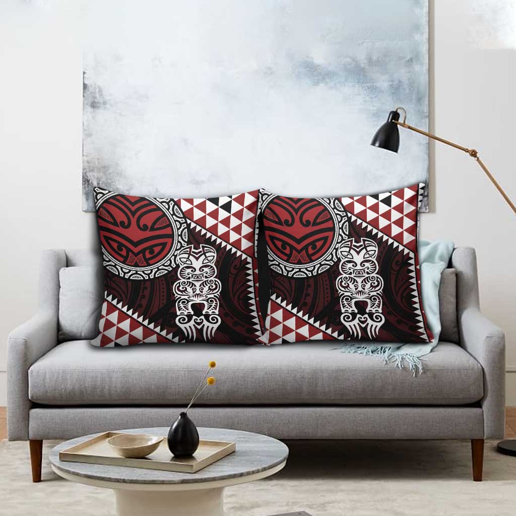 Red Aotearoa Niho Taniwha Pillow Cover Maori Mythology Tooth - Taniko Motifs - Polynesian Pride