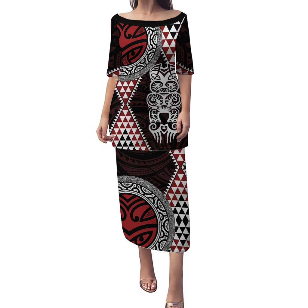 Red Aotearoa Niho Taniwha Puletasi Maori Mythology Tooth - Taniko Motifs LT14 Long Dress Red - Polynesian Pride
