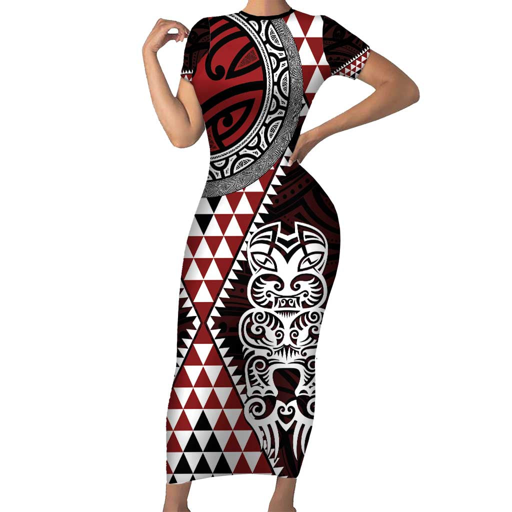 Red Aotearoa Niho Taniwha Short Sleeve Bodycon Dress Maori Mythology Tooth - Taniko Motifs LT14 Long Dress Red - Polynesian Pride