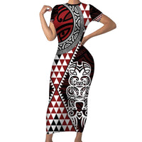 Red Aotearoa Niho Taniwha Short Sleeve Bodycon Dress Maori Mythology Tooth - Taniko Motifs LT14 Long Dress Red - Polynesian Pride