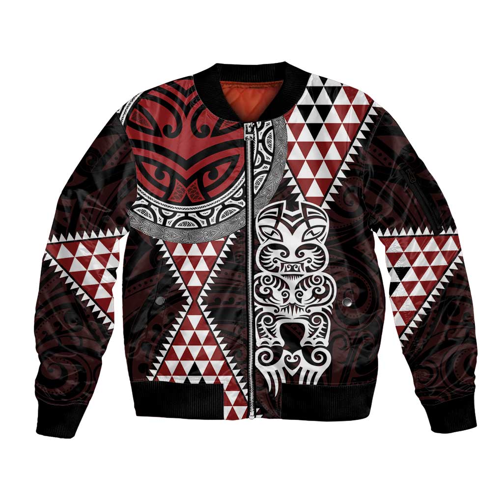 Red Aotearoa Niho Taniwha Sleeve Zip Bomber Jacket Maori Mythology Tooth - Taniko Motifs LT14 Unisex Red - Polynesian Pride