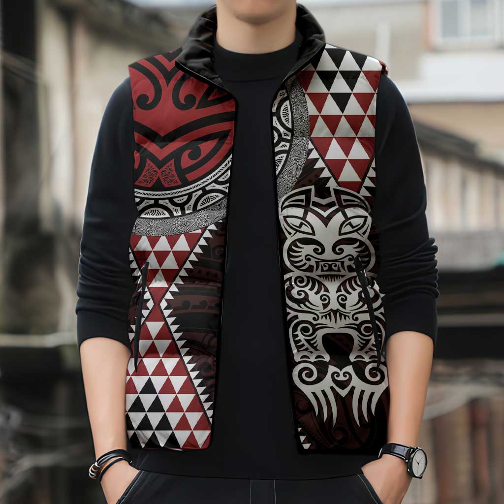 Red Aotearoa Niho Taniwha Sleeveless Puffer Jacket Maori Mythology Tooth - Taniko Motifs - Polynesian Pride