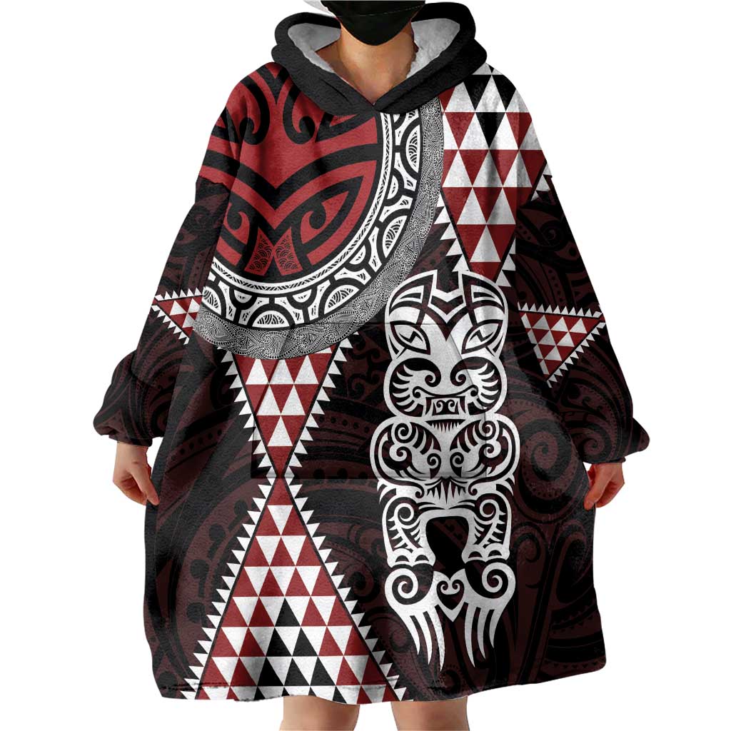 Red Aotearoa Niho Taniwha Wearable Blanket Hoodie Maori Mythology Tooth - Taniko Motifs LT14 - Polynesian Pride