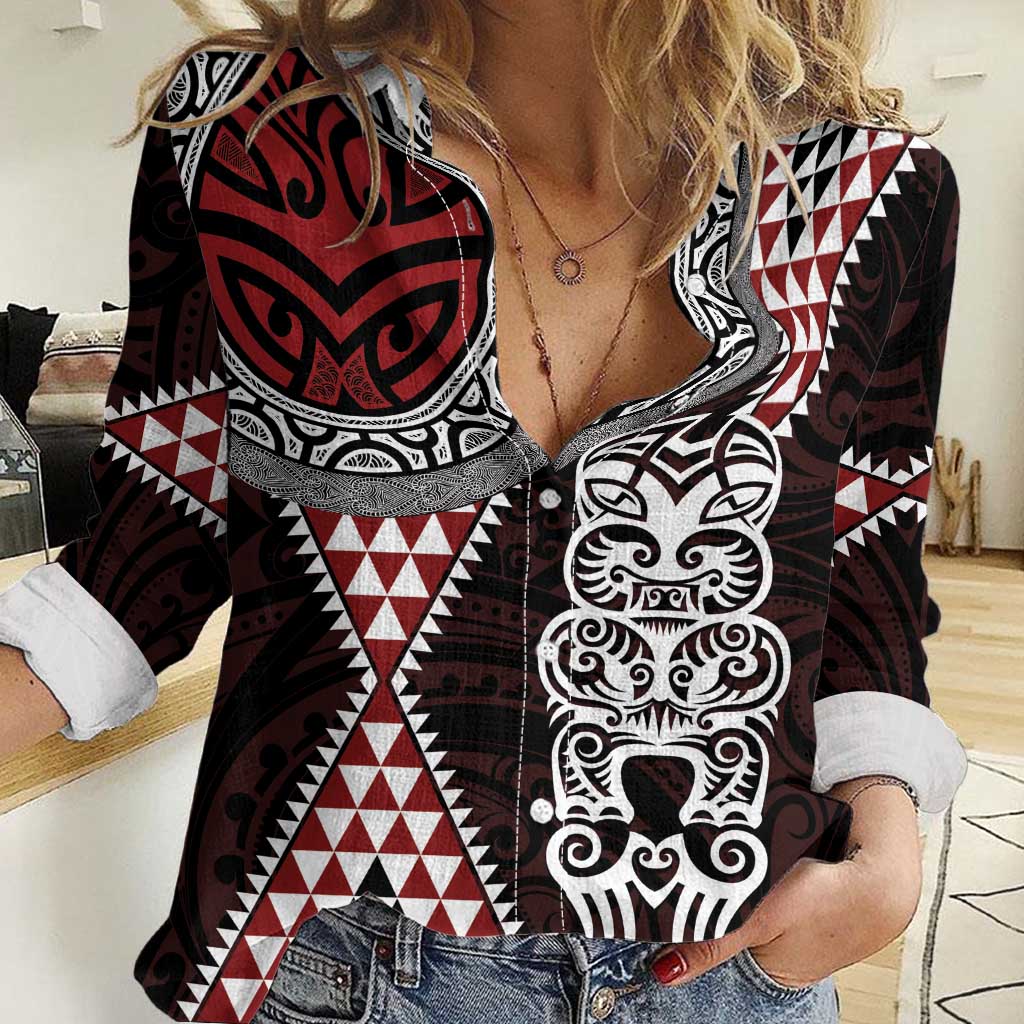 Red Aotearoa Niho Taniwha Women Casual Shirt Maori Mythology Tooth - Taniko Motifs LT14 Female Red - Polynesian Pride