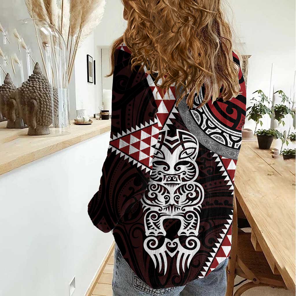 Red Aotearoa Niho Taniwha Women Casual Shirt Maori Mythology Tooth - Taniko Motifs LT14 - Polynesian Pride