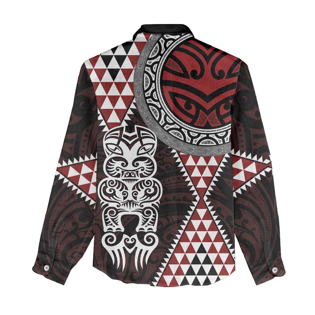 Red Aotearoa Niho Taniwha Women Casual Shirt Maori Mythology Tooth - Taniko Motifs LT14 - Polynesian Pride