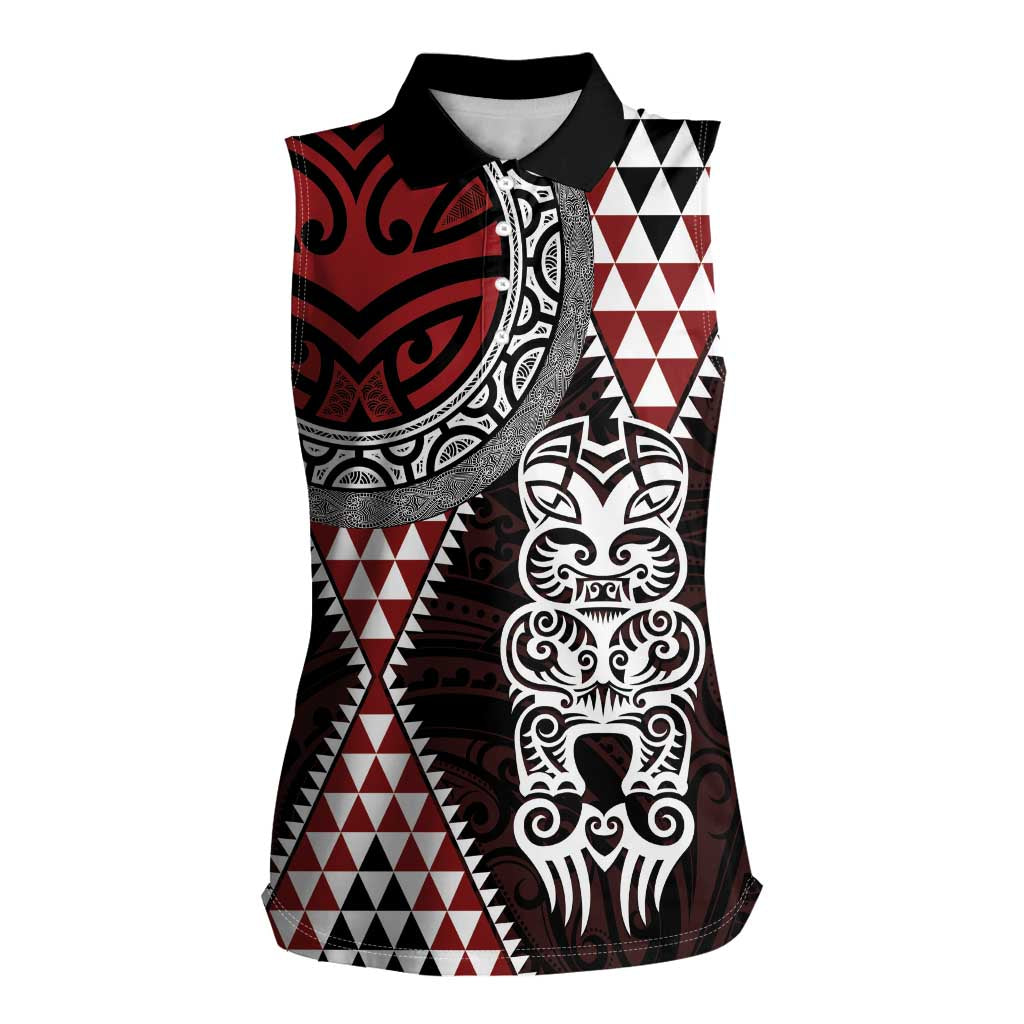 Red Aotearoa Niho Taniwha Women Sleeveless Polo Shirt Maori Mythology Tooth - Taniko Motifs LT14 Female Red - Polynesian Pride