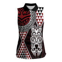 Red Aotearoa Niho Taniwha Women Sleeveless Polo Shirt Maori Mythology Tooth - Taniko Motifs LT14 Female Red - Polynesian Pride