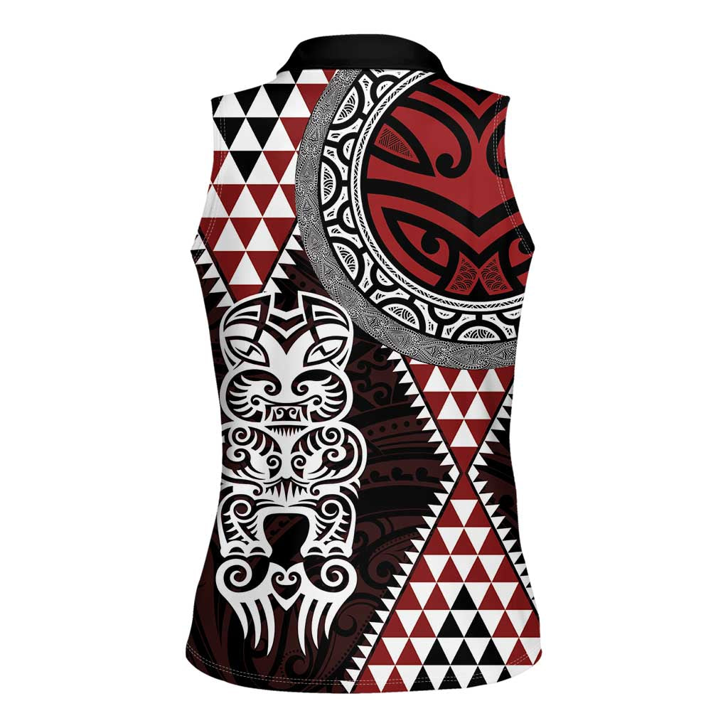 Red Aotearoa Niho Taniwha Women Sleeveless Polo Shirt Maori Mythology Tooth - Taniko Motifs LT14 - Polynesian Pride