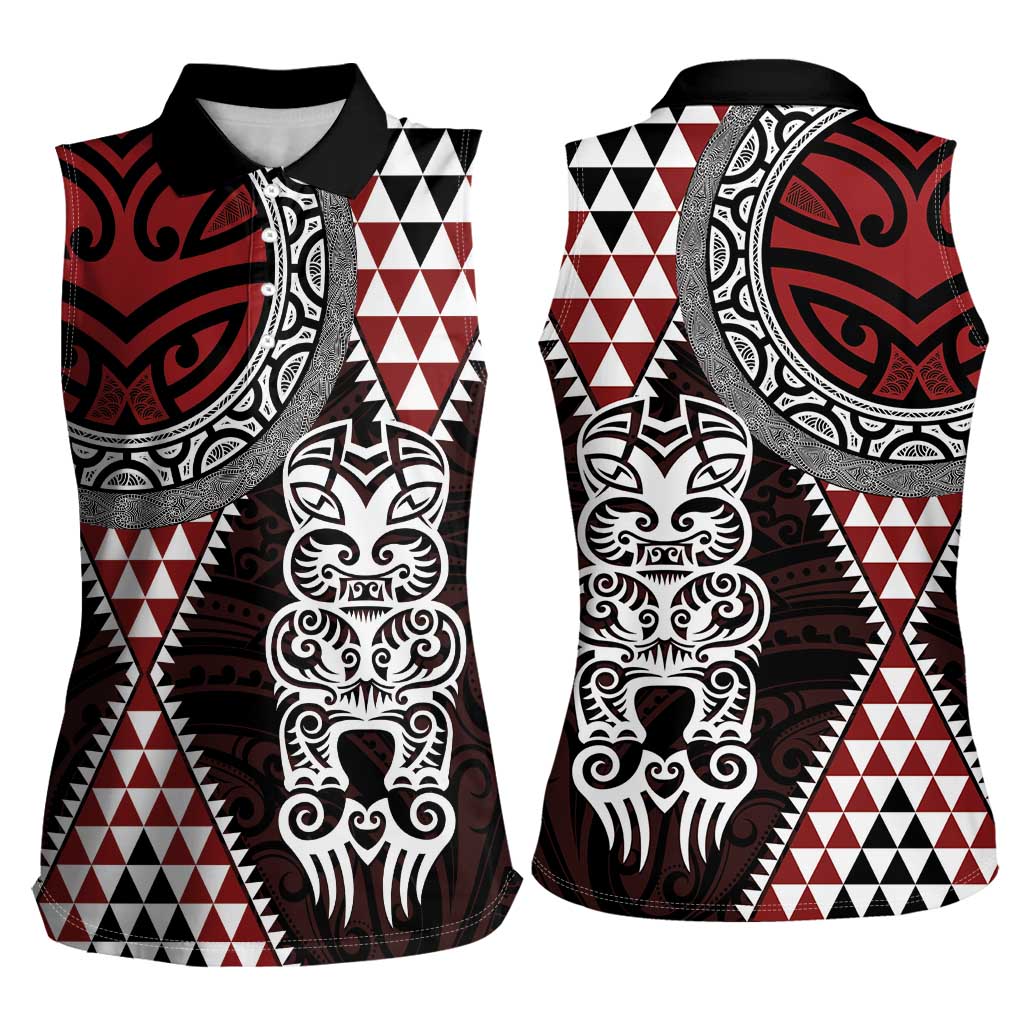 Red Aotearoa Niho Taniwha Women Sleeveless Polo Shirt Maori Mythology Tooth - Taniko Motifs LT14 - Polynesian Pride