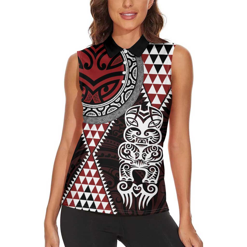 Red Aotearoa Niho Taniwha Women Sleeveless Polo Shirt Maori Mythology Tooth - Taniko Motifs LT14 - Polynesian Pride