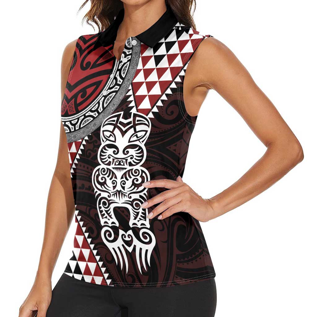 Red Aotearoa Niho Taniwha Women Sleeveless Polo Shirt Maori Mythology Tooth - Taniko Motifs LT14 - Polynesian Pride
