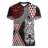 Red Aotearoa Niho Taniwha Women V-Neck T-Shirt Maori Mythology Tooth - Taniko Motifs LT14 Female Red - Polynesian Pride